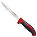 A Dexter-Russell narrow boning knife with a red handle.