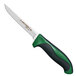 A Dexter-Russell scalloped utility knife with a green handle.