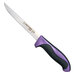 A Dexter-Russell narrow boning knife with a purple handle.