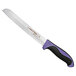 A Dexter-Russell bread knife with a purple handle.