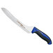 A Dexter-Russell bread knife with a blue handle.
