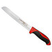 A Dexter-Russell bread knife with a black handle and red accents.