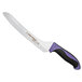 A Dexter-Russell bread knife with a purple handle and black blade.