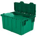 A green Orbis Stack-N-Nest Flipak tote box with hinged lid open.