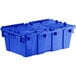 An Orbis dark blue plastic Stack-N-Nest tote box with hinged lid.