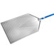 A silver rectangular metal pizza peel with a blue handle.