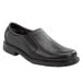 A pair of men's black Rockport Works slip-on shoes with a rubber sole.