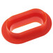A red oval shaped plastic cutter with a hole in it.