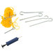 A yellow rope and metal hooks in a blue bag.