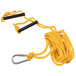 A yellow and black Triumph volleyball boundary rope with two carabiner clips.