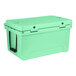 a green cooler with a black handle