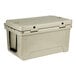 A tan CaterGator outdoor cooler with a lid and a handle.