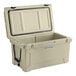 A tan CaterGator outdoor cooler with the lid open.