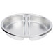 A stainless steel Vollrath round food pan with two compartments.