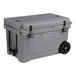 A CaterGator gray outdoor cooler with wheels.