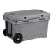 A gray CaterGator outdoor cooler with wheels.