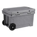 A gray CaterGator outdoor cooler with wheels.