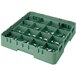 A green plastic container with compartments and extenders for Cambro glass racks.
