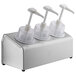 A Steril-Sil stainless steel 3-compartment condiment dispenser with white plastic containers and lids.