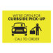 A yellow rectangular sign with white text that says "Curbside Pickup" and a person holding a bag approaching a car.