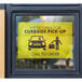 A white rectangular sign with yellow and black text that says "Curbside Pickup" with a person in the front of a car.