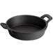 A black round cast iron casserole dish with two handles.