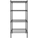 A black wire shelving unit with four shelves.