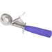 A Carlisle metal and purple plastic ice cream scoop with a blue thumb press.