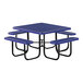 A blue picnic table with attached benches made of steel mesh with a diamond pattern.