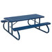 A blue picnic table with benches made of perforated steel mesh coated in plastisol.