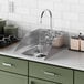 A Waterloo stainless steel drop-in sink with side splashes on a green counter.