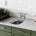 A Waterloo stainless steel undermount sink in a kitchen with green cabinets.