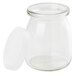 A Tablecraft clear glass jar with a white plastic lid.