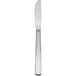 A silver Delco Lexington stainless steel dinner knife with black lines on a white surface.
