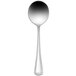 A Delco Belmore stainless steel bouillon spoon with a black handle.