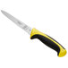 A Mercer Culinary Millennia utility knife with a yellow handle and black blade.