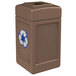 A brown Commercial Zone Polytec 42 gallon square recycling bin with a white mixed recycling slot and a white recycling symbol on it.