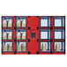 A Hatco Flav-R 2-Go heated locker system with red and white boxes.