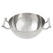 A silver stainless steel Vollrath serving bowl with handles.