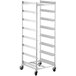 A silver Regency welded aluminum glass rack cart with shelves on wheels.