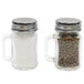 Two Tablecraft clear glass mini mason jar shakers with a stainless steel lid.