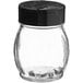 A clear glass Tablecraft cheese shaker with a black plastic flip top lid.