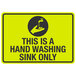 A yellow sign with black text and symbols that says "Hand Washing Only" with a hand and a faucet.