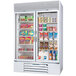 A white Beverage-Air MarketMax dual temperature merchandiser with two glass doors.