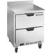 A silver stainless steel Beverage-Air worktop refrigerator with two drawers.