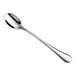 A shiny, long-handled metal spoon with a rounded bowl, photographed on a white background.