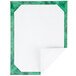 A white rectangular paper with a green border and a marble design.