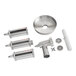 A group of stainless steel metal parts including a meat grinder and pasta roller for an Estella mixer hub.
