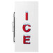 A white Leer indoor ice merchandiser with red "Ice" lettering on the front.