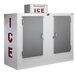 A white ice merchandiser with two galvanized steel doors.